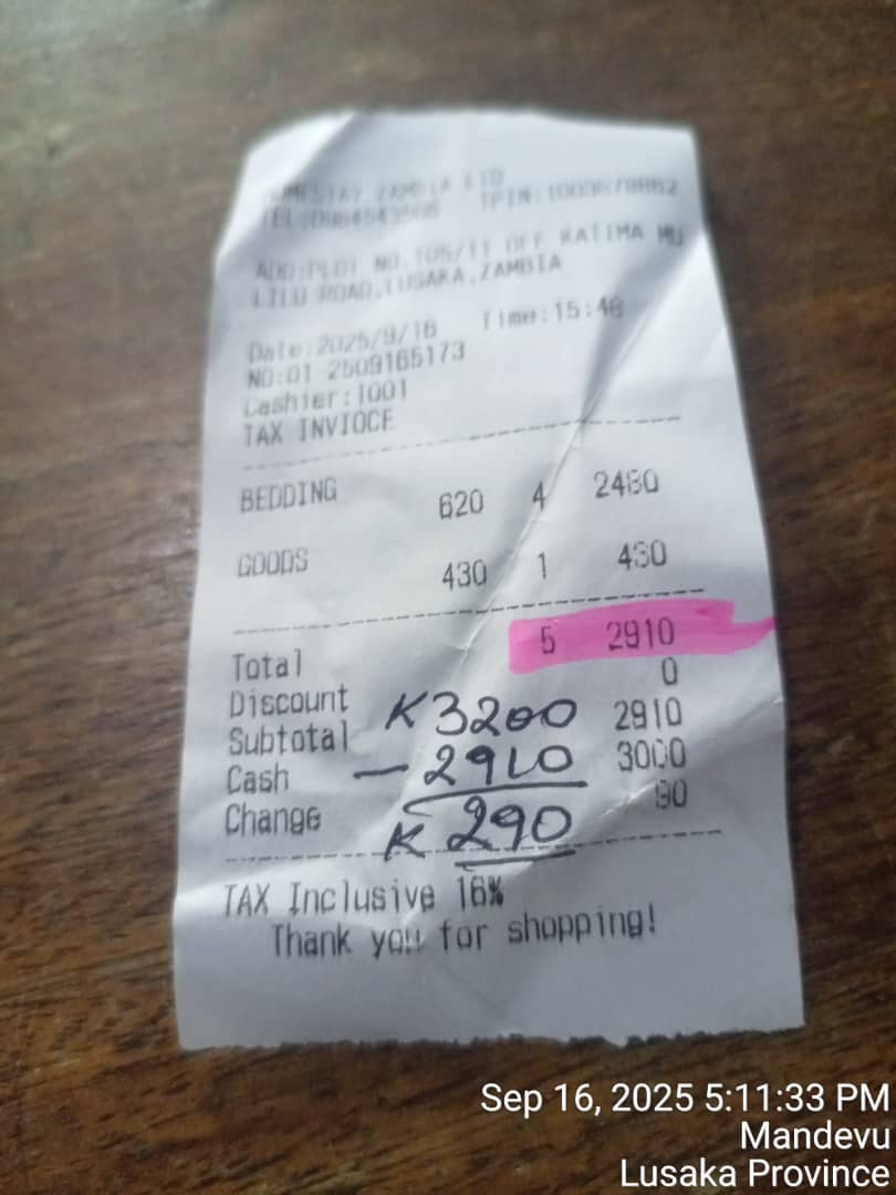 Receipt for 5 mattresses
